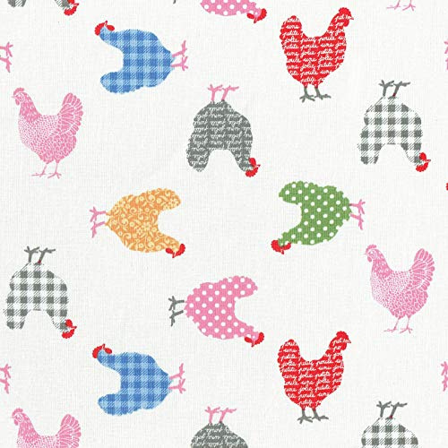 Textiles français Stoff/Hühner Stoff | Die ‘Hip’ Küken Stoff | Rot, Pink, Mittelblau, Farngrün, Senfgelb, Weiß und Grau (Grundfarbe: weiß) | 100% Baumwolle | Stoffbreite: 160 cm (pro Laufmeter)*