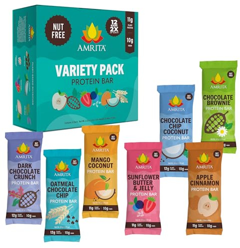 Amrita Nut Free 6 Flavor Variety Pack Vegan Protein Bars (12 CT) | 11g to 12g Plant-Based Protein Bar | Peanut Free, Gluten Free, and Dairy Free | Low Sugar, High Fiber, Healthy School-Safe Snacks