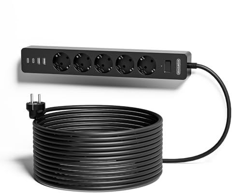 NTONPOWER Steckdosenleiste Wandmontage 5-Fach mit USB C, Mehrfachsteckdose mit Schalter Verlängerungskabel 5m Steckdosenleiste Kindersicherung, Schwarz