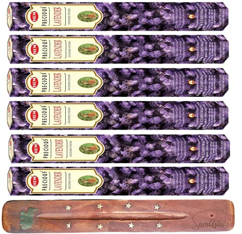 HEM Rökelsepinnar | 6-pack | med SAMASIA hållare för rökelseapi, rökelsespa, yoga, meditation, helande, andlighet och avkoppling (dyrbar lavendel)