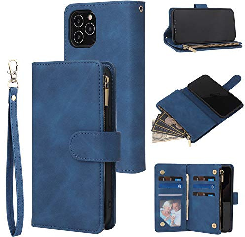 QLTYPRI Case for iPhone 13 Pro, Large Capacity Leather Wallet Case 6 Card Holder & 1 Zipper Pocket Kickstand Wrist Strap Magnetic Case for iPhone 13 Pro - Blue