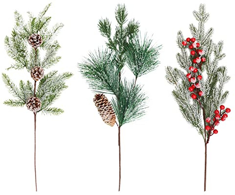 WYSRJ Set di 6 plettri artificiali per bacche rosse di Natale, 59,9 cm, rami di bacche di pino agrifoglio pino innevato, per Natale, feste, decorazioni per la casa