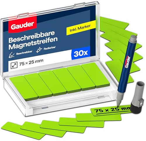 GAUDER Magnetstreifen beschreibbar, Magnetschilder Kanban (30 Stk, 75x25mm) | Magnetschilder zum Beschriften, beschreibbare Magnete zum Beschriften, Magnetetiketten für Kanban Board, mit Marker