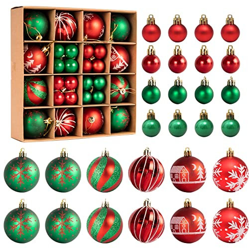 44 Pièce Boules de Noël, Boules de Noel Ornements en Plastique, 9 Sortes Boule de Noël Personnalisé, pour Arbre de Noël Fête de Mariage Décor, Rouge, Vert