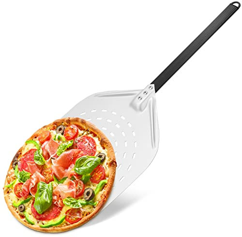 Hossejoy Perforierter Pizzaschieber, Premium Pizzaschaufel Brotschaufel aus rostfreiem Hart Eloxiertes Aluminium, Stabileres Profi Heimgebrauch Pizza Schaufel zum Einfachen Verstauen für Große Pizza