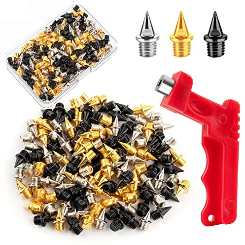 Homotte 1/4 inch Track Spikes Pyramid, 120 Pieces Steel Spikes with Storage Box and Small Wrench, Gold, Silver and Black Mixed Spikes for Youth Track Athletes Running Cross Country Replacement