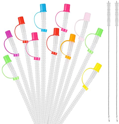 Multifunctional 24 Pack Bendable Straws and Covers. 11 Inch Long Flexible Straws. Reusable with Colored Caps and 2 Straw Cleaning Brushes