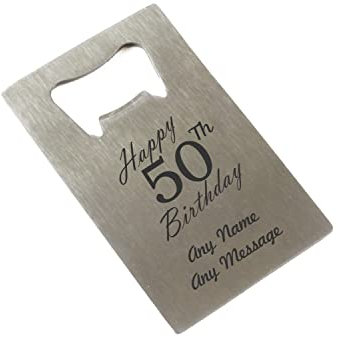 Personalised Engraved Stainless Steel Card Bottle Opener, Happy 50th Birthday Design, Pocket Wallet Portable Bottle Opener, Birthday Gift, Gift for Him, Home Bar Accessory, Engraved in The UK
