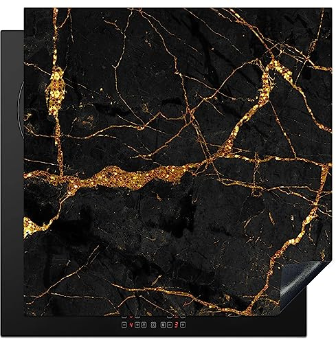 KitchenYeah© Herdabdeckplatte Einteilig Küche Herdabdeckung Induktionsfeld | 78x78 cm - Ceranfeld Herdabdeckplatten Vinyl Matte Aufrollbar Marmor - Gold - Schwarz - Marmoroptik - Luxus - Glitzer