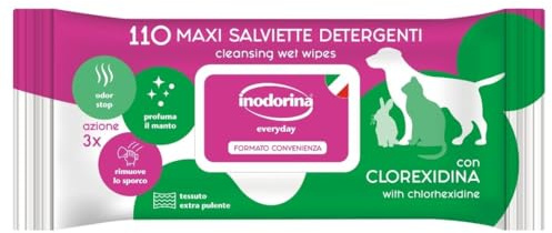 Inodorina, Refresh Rengöringsdukar i slitstarkt tyg, med fuktgivande, mjukgörande och skyddande medel, för vardagen med ditt djur, dofter klorhexidin, 110 stycken