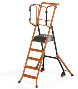 Escabeau Sécurisé PIRL Guardia 110 cm – Plateforme Roulante Légère avec Garde-Corps, Marches Antidérapantes et Bac à Outils Intégré