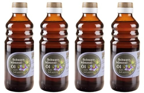 Schwarzkümmelöl (4x250ml) des Familienbetriebs Ölmühle Garting, ideal für warme Speisen, Brotbacken und Salate, kaltgepresst, 100% naturbelassen