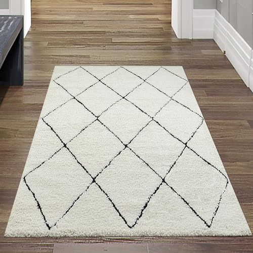CARPETIA Shaggy Hochflor Teppich Rauten Weiß Schwarz 80x150 cm | Weich, pflegeleicht, strapazierfähig und seitlich gekettelt, OEKO-TEX geprüft, Rautenmuster mit Fransen für Wohnräume