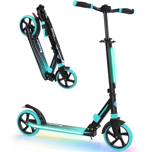 BELEEV Big Wheel Scooter mit LED Leuchtenden Lenksäule, Deck, Höhenverstellbar, ABEC-9, 200mm Räder,Federung,Tragegurt, Faltbare Cityroller Kinder ab 6 Jahre,Jugendliche,Erwachsene, Tretroller