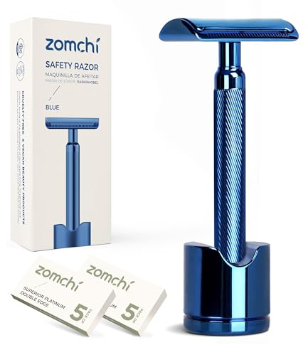ZOMCHI Nassrasierer-Set für Damen & Herren – 10 Klingen + Ständer | Premium Wet Shaving | Zero Waste, plastikfrei & nachhaltig | Metall-Safety-Razor | Blau