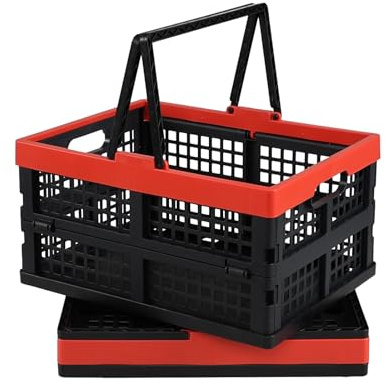 Minekkyes 2 Pcs Collapsible Shopping Baskets with Handles, Supermarket Retail Storage Crates, Multifunction Folding Storage Container for Picnic, Shopping, Camping, Kitchen