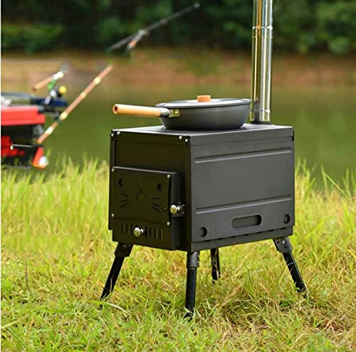 HaTur Estufa de Leña Portátil para Tienda de Campaña Camping Parrilla Cocina Estufa de camping al aire libre con tubos de chimenea y Soplador Manual, 58 x 46 x 106 cm