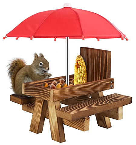 Zjyufy Eichhörnchen-Futterstation, Eichhörnchen-Picknicktisch, Eichhörnchen-Futterspender nur für Eichhörnchen, Vogelhäuschen mit Regenschirm für Garten, Hof, Baum