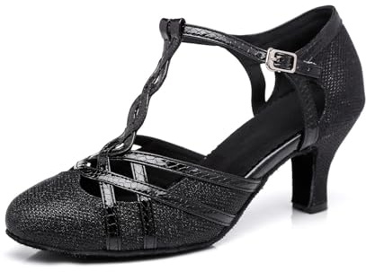 MGM-Joymod Moderna latinska dansskor med stängd tå T-rem för bröllop, fest, bal, L322 svart häl 6 cm, 41 EU