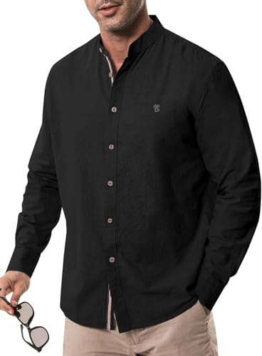 Suwangi Långärmad herrskjorta ståkrage, långärmad skjorta, button-down fritidsskjorta bomull, normal passform, skjortor, svart, XXL