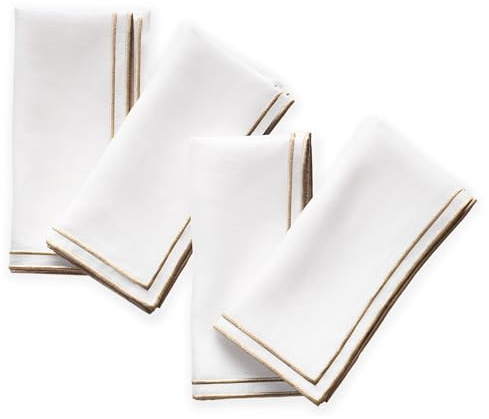 Linen Dinner Napkins Set of 4-100% Pure Linen White Napkins with Embroidered Gold Edge 20 x 20 inch - Embroidered Napkins Cloth Washable for Summer, Wedding Decor