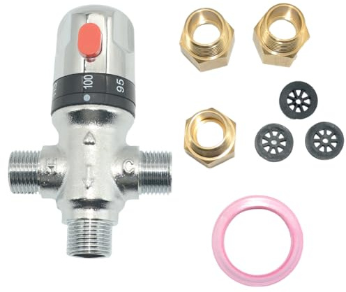 Megairon Thermostatic Mixing Valve,Solid Brass- Golden Thermostatic Shower Valve,1/2 NPT Thread Water Heater Mixing Valve for bathroom showers, solar systems and kitchen faucets,etc. (Silver)