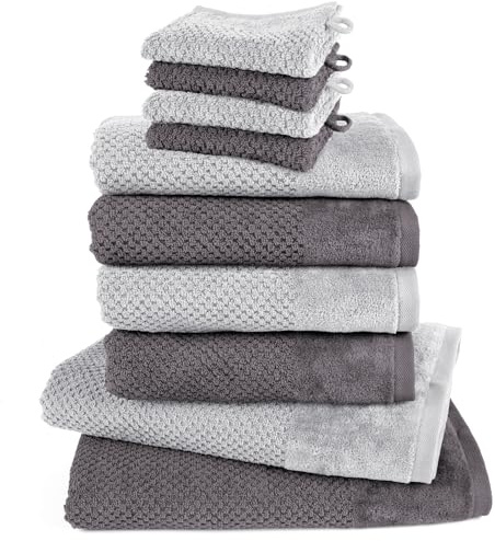 Pure Label Handtücher Set 10-TLG 2x70x140 4x50x100 4x16x21 Anthrazit|Grau | weich, saugstark, 100% Baumwolle & OEKO-TEX, mit Schlaufe