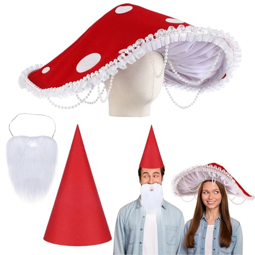 Breathffy 3 Pcs Mushroom Hat Renaissance Medieval and Halloween Gnome Hat Costume Set with White Fake Beards Victorian Fairy Cosplay Accessories with Bead Lace Brim Cap