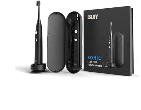 ESLAY Elektrische Schallzahnbürste für Erwachsene – 38000 VPM, 9 Modi, Bambusborsten, kabelloses Aufladen, wasserdicht IPX8, OLED, 90 J Autonomie, Reiseetui, Premium-Design