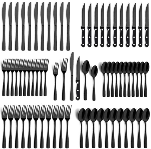 BEWOS 72-Pieces Black Silverware Set for 12 - Stainless Steel Flatware Set with Mirror Polish, Black Silverware Set Including Steak Knives, Forks and Spoons, Dishwasher Safe for Restaurant