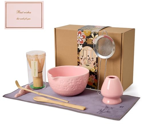 Matcha Whisk Set - Traditional Bamboo Chasen with Bowl, Complete Matcha Tea Making Kit & Starter Tools for Authentic Japanese Ceremony (Pink01, 8pcs/set,Bowl entry-level Set)