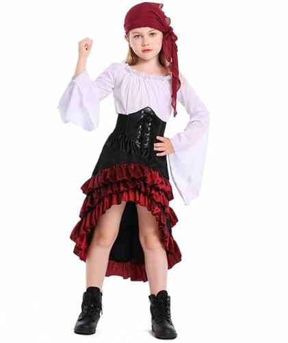Halloween Kostüm Kinder, Piratenkostüm Kinder Mädchen Mittelalter Piraten Kostüm Accessories mit Bluse, Piratenrock, Korsett Gürtel und Kopftuch für Halloween Karneval Fasching Verkleidung Cosplay