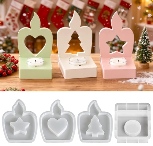 CHIHOLEN Stampi in Silicone per Candele di Natale, Set da 4 Stampi per Candelieri in Silicone con Cuore, Stella, Albero di Natale, Stampi in Gesso per Fusione, Stampo per Candela per Artigianato Fai