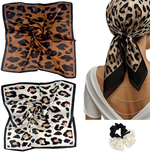 ZenyTra Quadratische SchalsfürDamen，Leopardenmuster,Seidentuch 70x70,2 Stück SetSeidig weiches Kopftuch für Haar Wrapping & Schlafen, Bandana & Schal für Urlaub, Strand und Alltag（ inkl. 1 Haarring）