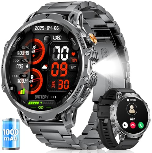FITFLEX Smartwatch Herren mit Bluetooth-Anruf, 1,85Großes Touchscreen Smart Watch mit 1000 mAh/LED-Licht/120 Sportmodi Sportuhr/Herzfrequenz/Schlafmonitor/IP68 wasserdicht, Fitnessuhr für Android iOS