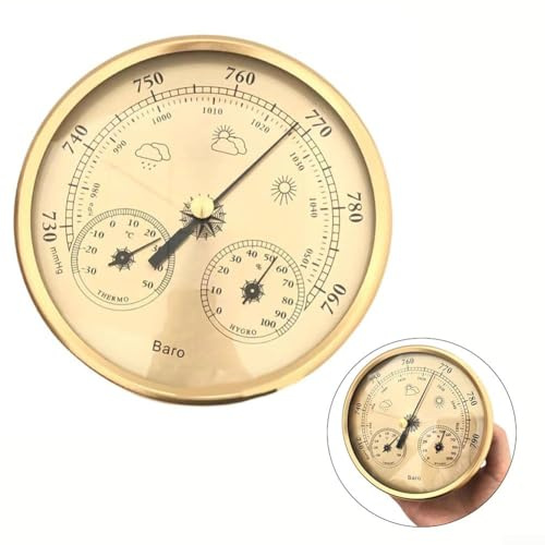 3 in 1 Barometer with Temperature, Humidity and Pressure Gauge, 130mm Gold Metal for Indoor and Outdoor Use