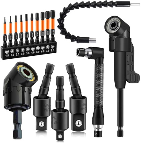 17 Piece Flexible Drill Bit Extension Kit with Right Angle Drill Attachment, Rotatable Socket Adapter Set, Allen Wrench Bits, 360° Bendable Extension for Tight Spaces