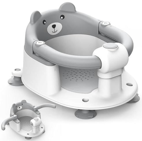 WGIDSKKI Asiento de baño para bebé, Asiento de baño para bebé a partir de 6 meses, Bañera portátil con 4 ventosas para niños pequeños y recién nacidos, Diseño de Oso (Gris)