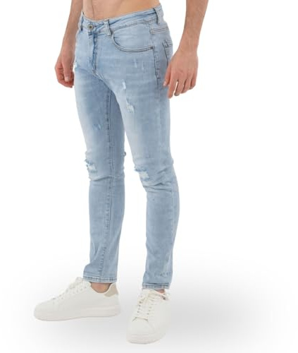 TONY BACKER - Jeans Uomo Slim Fit Elasticizzati, Jeans Uomo Strappati, Stile Urban Casual in Denim, Blu Grigio Celeste, vestibilità Aderente, Taglie 42-52 Art. S250
