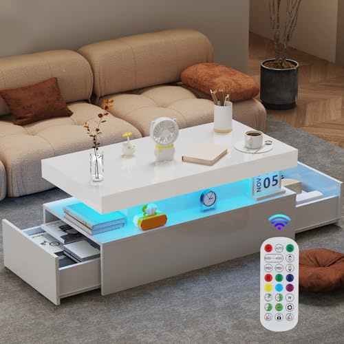 Oyajia High Gloss Coffee Table, Coffee Table with Storage, Tea Desk for Living Room with Led RGB Lights 2 Drawer Storage Centre Tea Table for Home Office Furniture, White