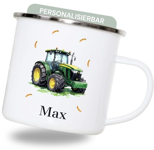 smartaini Personalisierte Emaille-Tasse mit Namen & Motiv – Becher 330 ml, leichte Emaille Tasse personalisiert, robuster Becher mit Namen, Camping Tasse (Trecker)