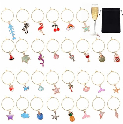 MYRLOFT 30Pcs Wine Glass Charms, Summer Beach Theme Wine Glass Tags - Drink Markers & Glass Identifiers, Reusable Charm Rings for Stemware, Party Decorations for Wine, Champagne & Cocktails