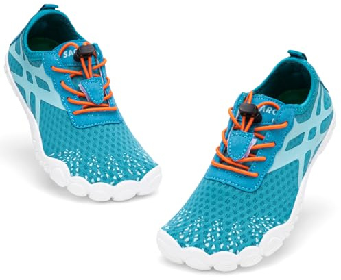 SAGUARO Scarpe da Scoglio Barefoot Bambini, Scarpette Mare Antiscivolo ad Asciugatura Rapida con Punta Larga e Chiusura Rapida per Spiaggia Piscina Fiume, Bambino e Bambina Blu, Gr.27