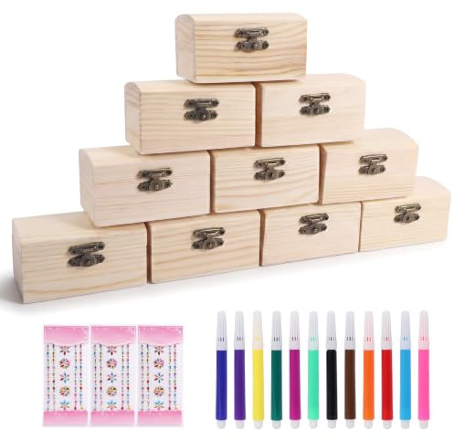 Thryvix 10 Pequeños Cofres del Tesoro de Madera Natural, 9x5x5.5cm con Tapa y Cierre, para Pintar, Pegatinas, Guardar Joyas, Ideal para Fiestas Piratas, Cumpleaños, Manualidades DIY