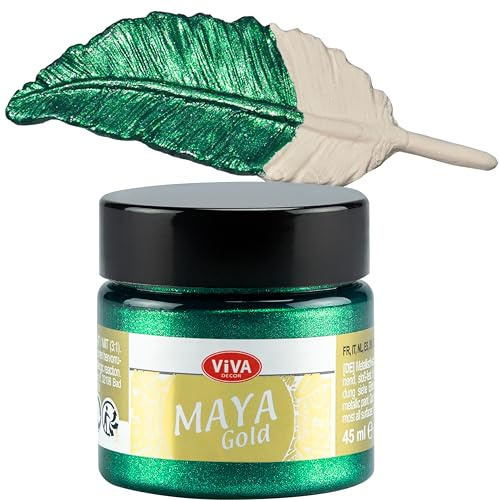 Viva Decor Maya Gold 45ml (Smaragd) - Metallic-Acrylfarbe für kreative Werke auf Holz, Glas und Porzellan. Stoßfest, wischfest und wetterfest für glänzende Metall- / Metallic Effekte