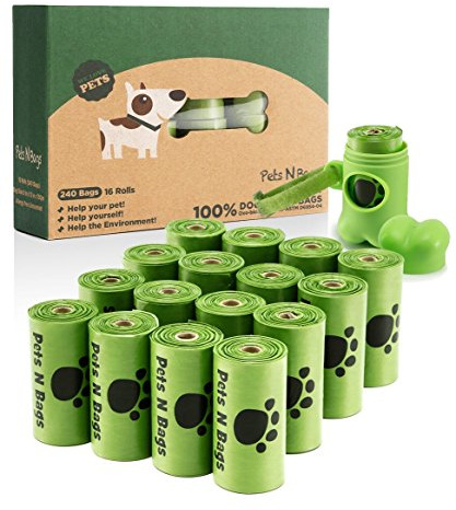 Poop Bags, Environment Friendly Pets N Bags Dog Waste Bags, Biodegradable, Refill Rolls, Includes Dispenser (16 Rolls / 240 Count)