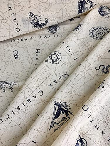 LushFabric Stoff mit nautischem Schiffskarte - Ocean Anchor Kompass Design Textil - Schneidern, Vorhänge, Leichter Polsterstoff, 140 cm breit, 1 m