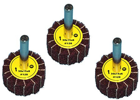 3 Stück Fächerschleifer mit Vlies-Gewebekombination 30mmx15mm, 6mm Einspannschaft, Körnung: 120 - Schleifmopstift, Lamellenschleifer, Schleifmop Schleifvlies, Lamellenrad mit Schaft.