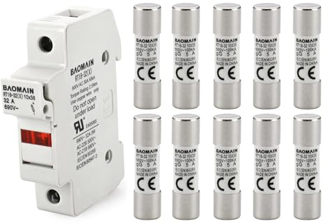 Baomain RT18-32 Fuse Holder Base with 10x5A Ceramic Fuses (10x38mm) – 1 Pole DIN Rail Mount, LED Indicator, CE Certified (5 Amp)