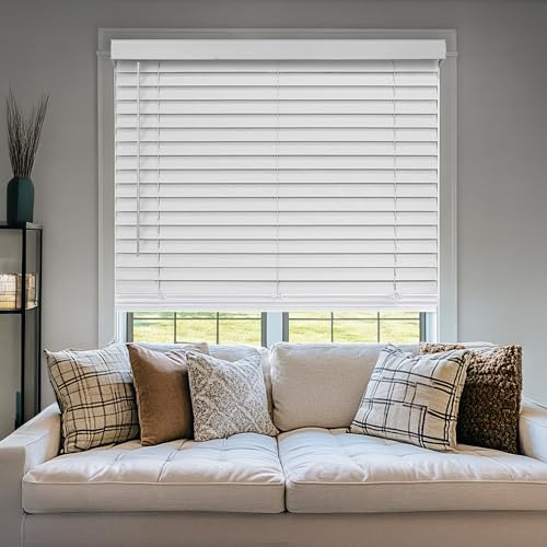 CHICOLOGY 2 Cordless Faux Wood Blinds, Room Darkening Smooth PVC Window Blinds, Cordless Lift, Light Control and Privacy, Inside/Outside Mount, Moisture Resistant, Basic White, 71 W x 48 H